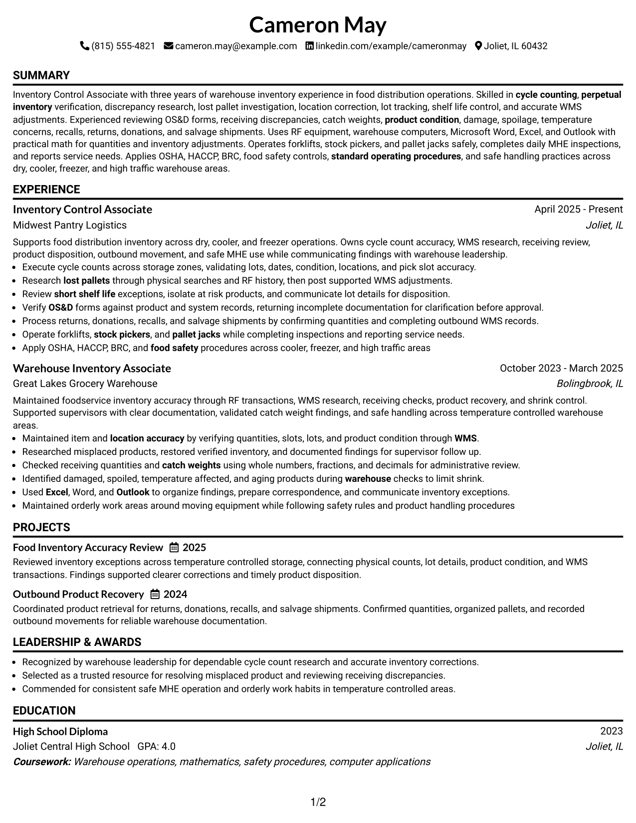 Resume Example Page 1