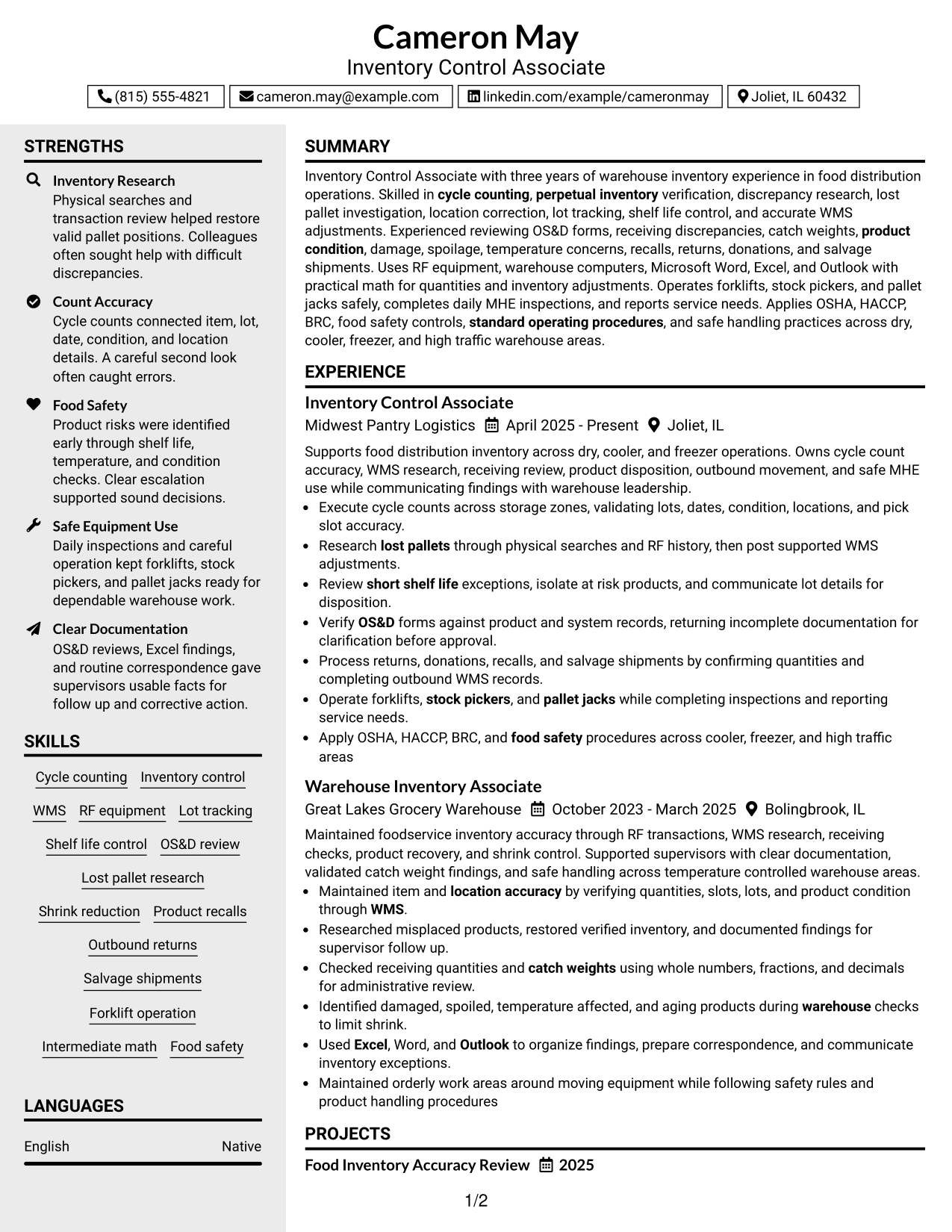 Resume Example Page 1