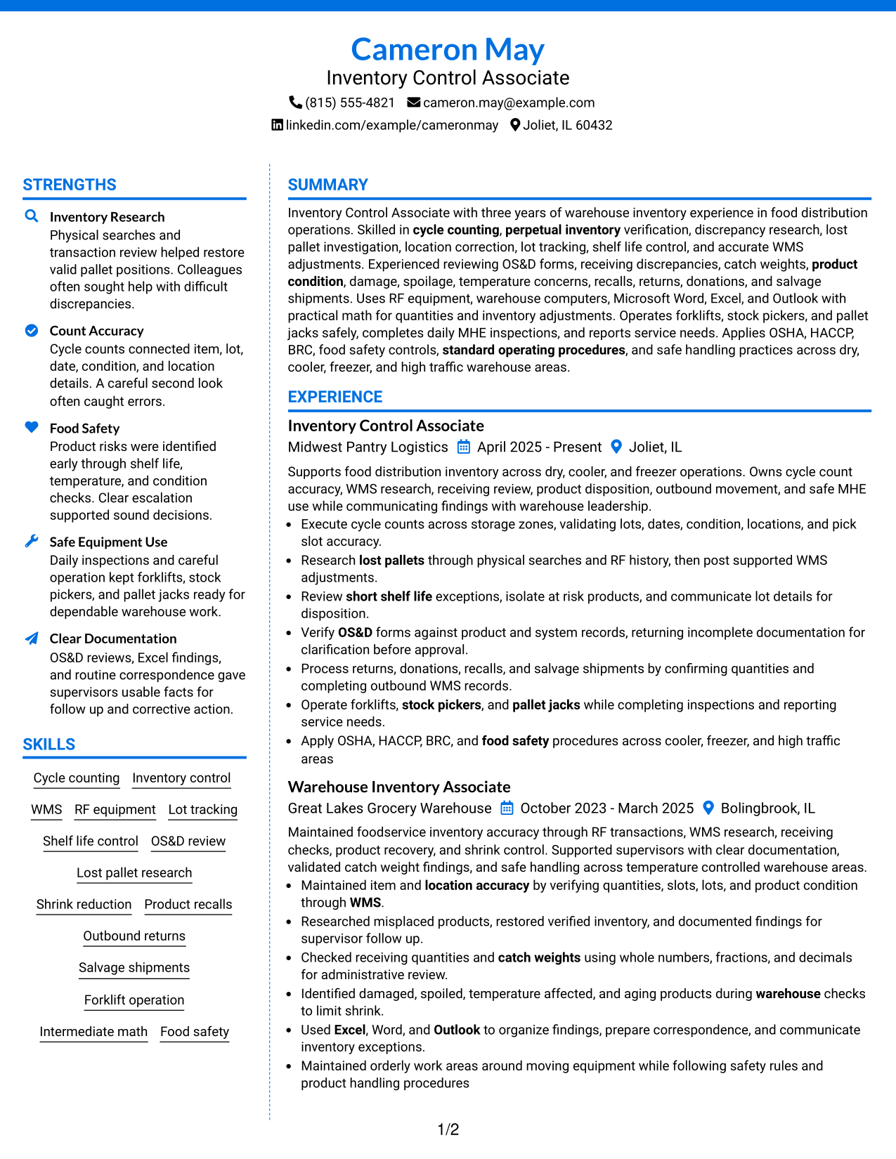 Resume Example Page 1