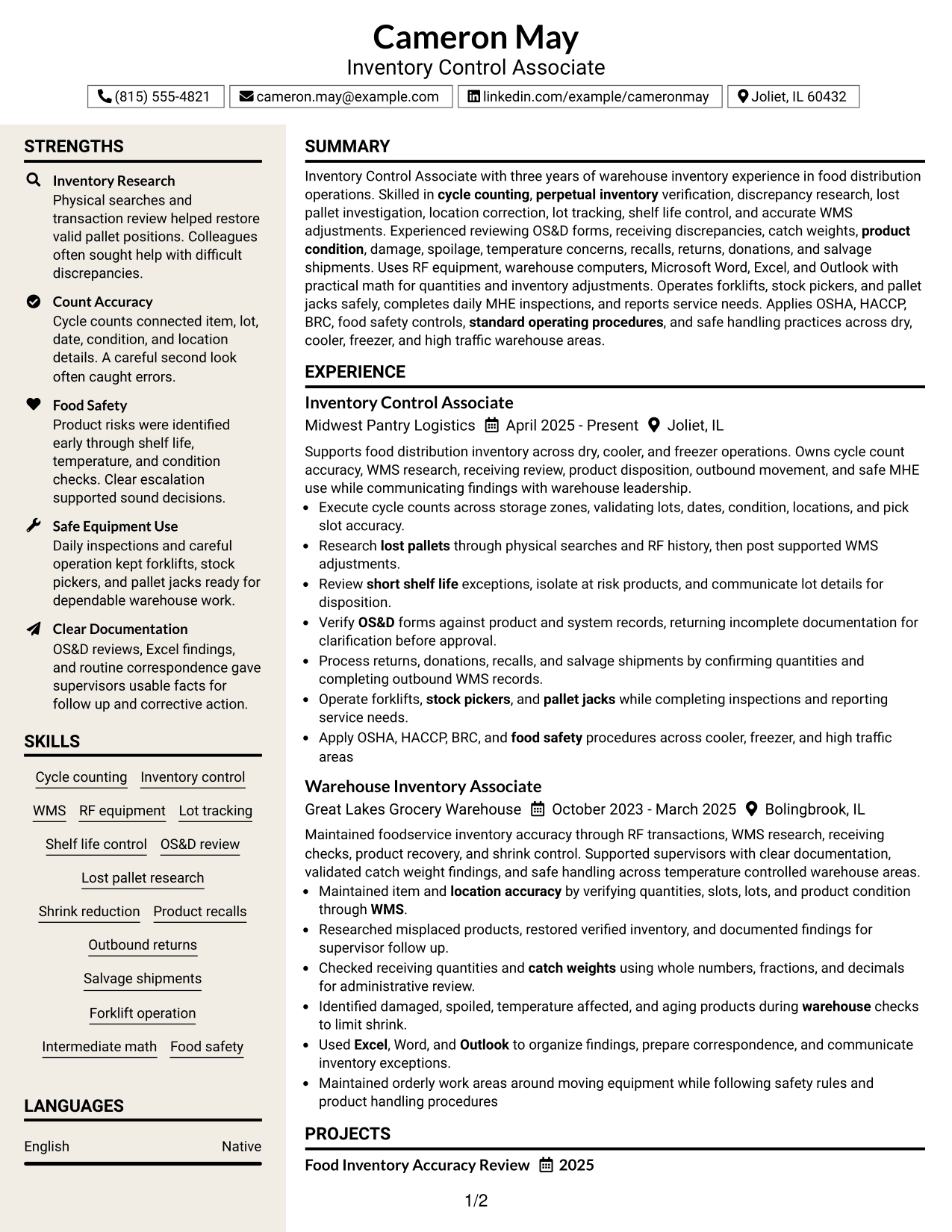 Resume Example Page 1