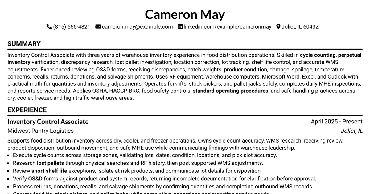 7 Inventory Control Associate Resume Templates with Example