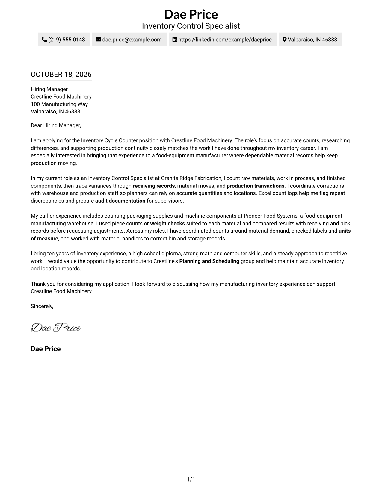 Cover letter example — page 1