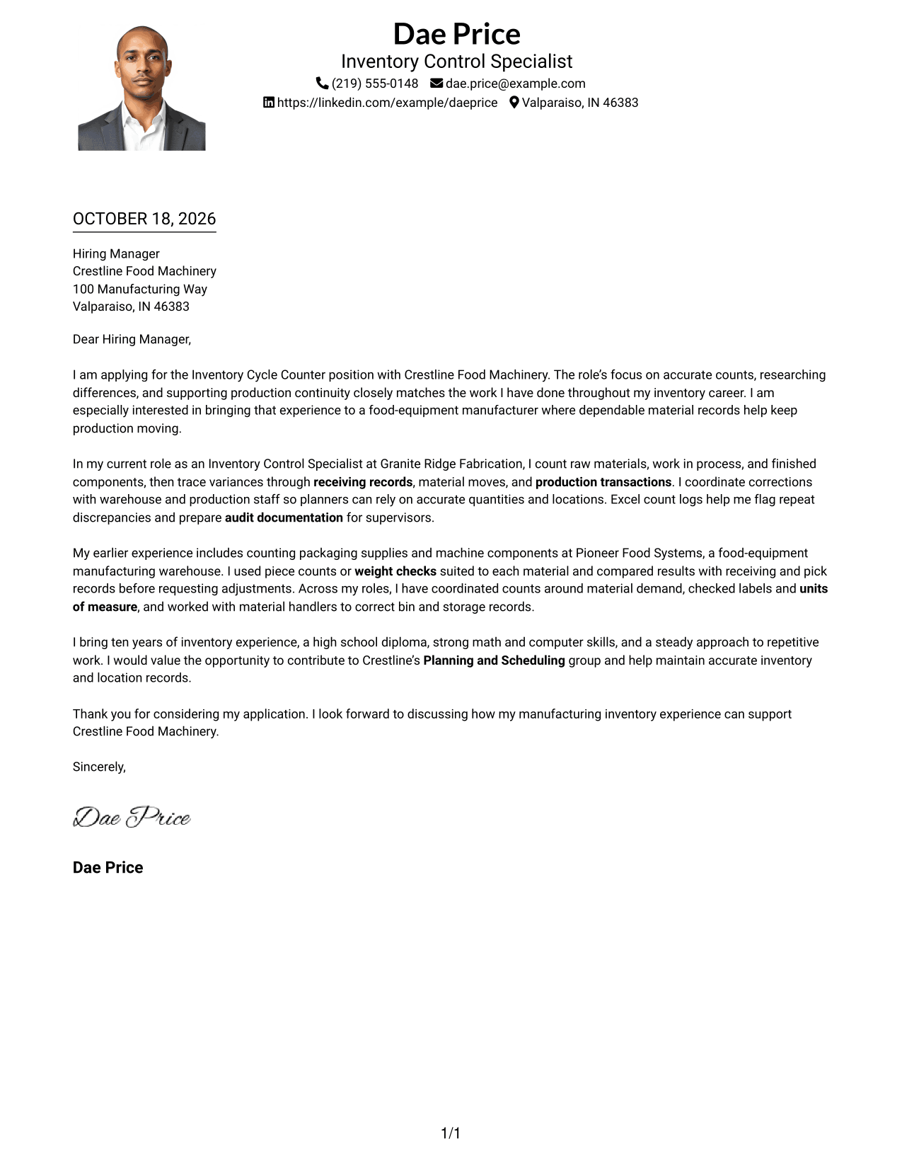 Cover letter example — page 1