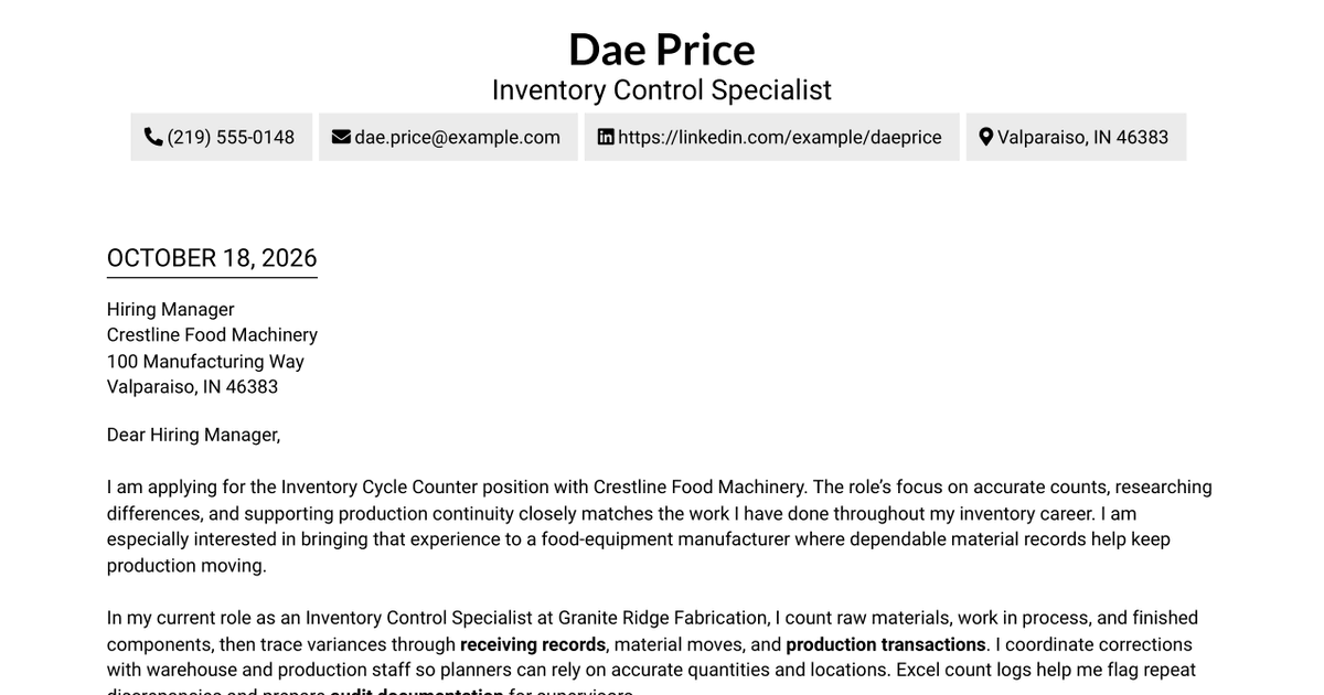 7 Inventory Cycle Counter - Manufacturing Inventory Control Cover Letter Templates with Example
