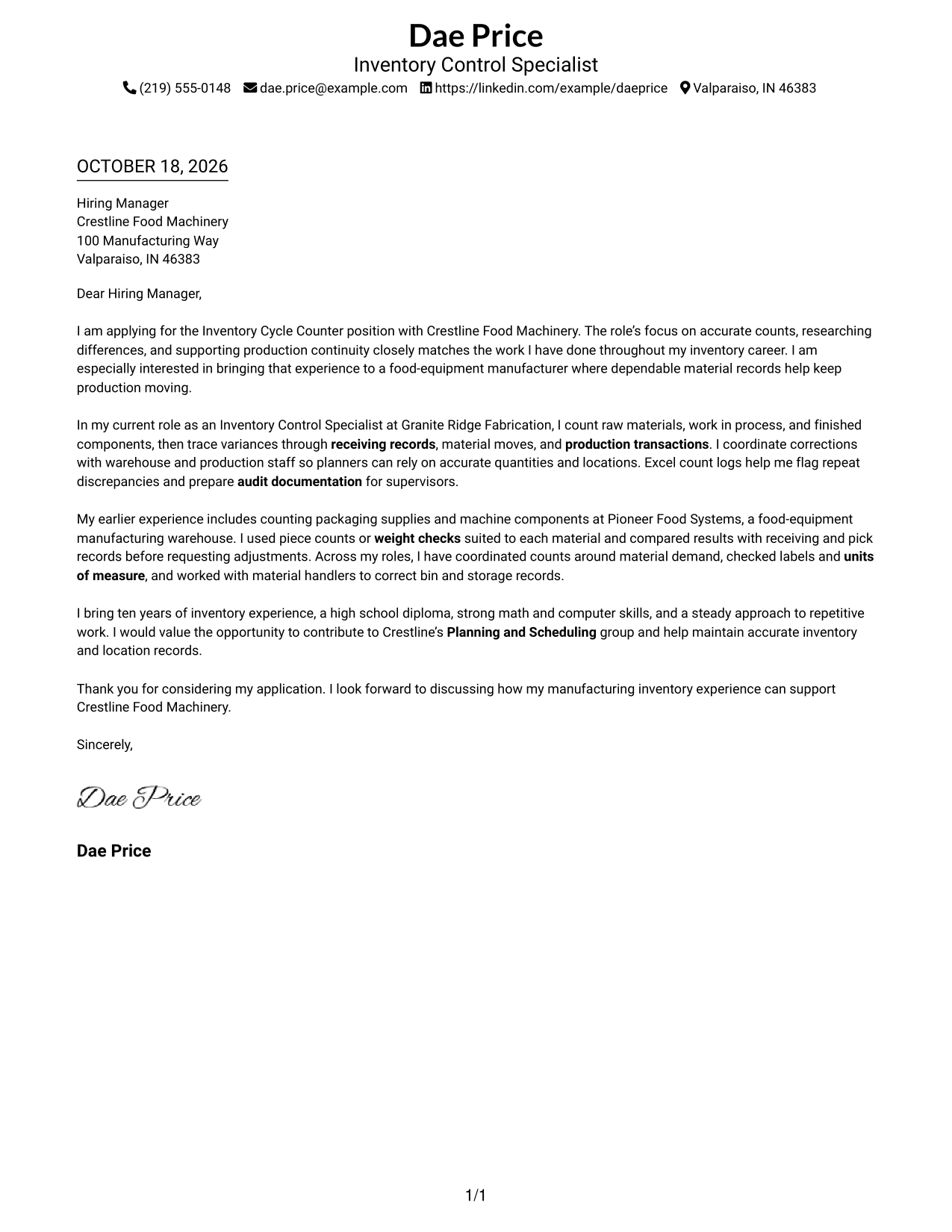 Cover letter example — page 1