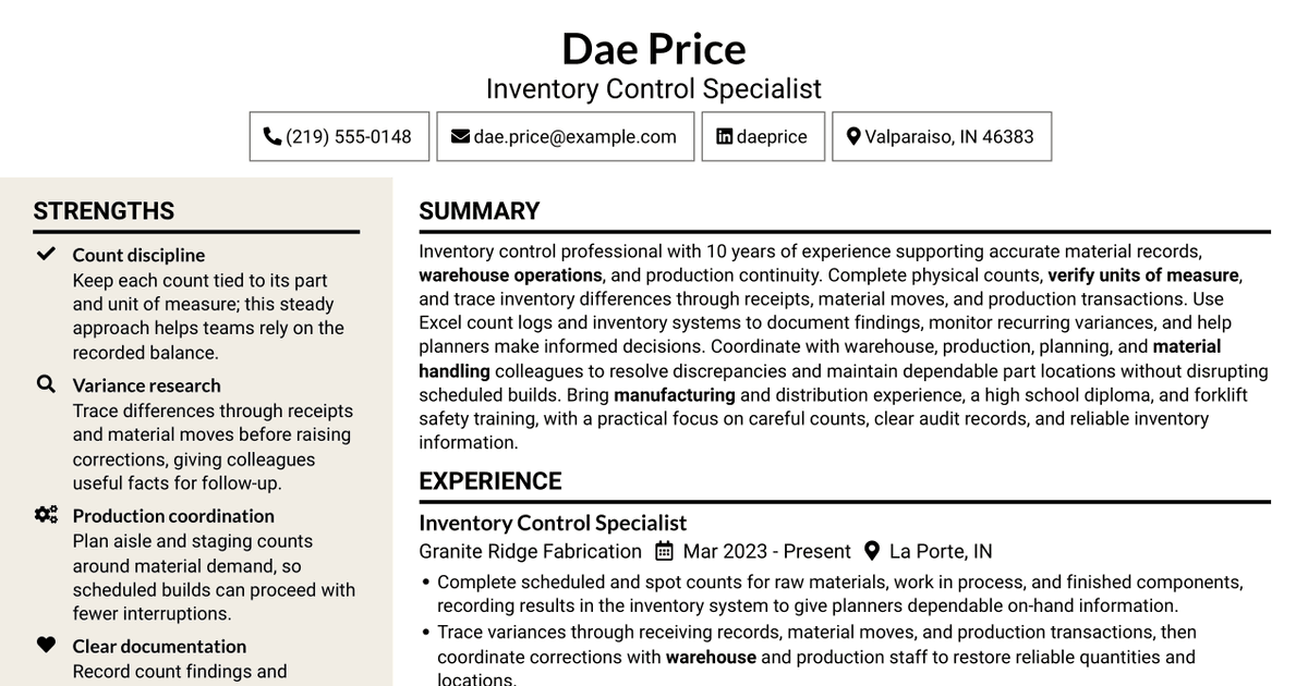 7 Inventory Cycle Counter - Manufacturing Inventory Control Resume Templates with Example