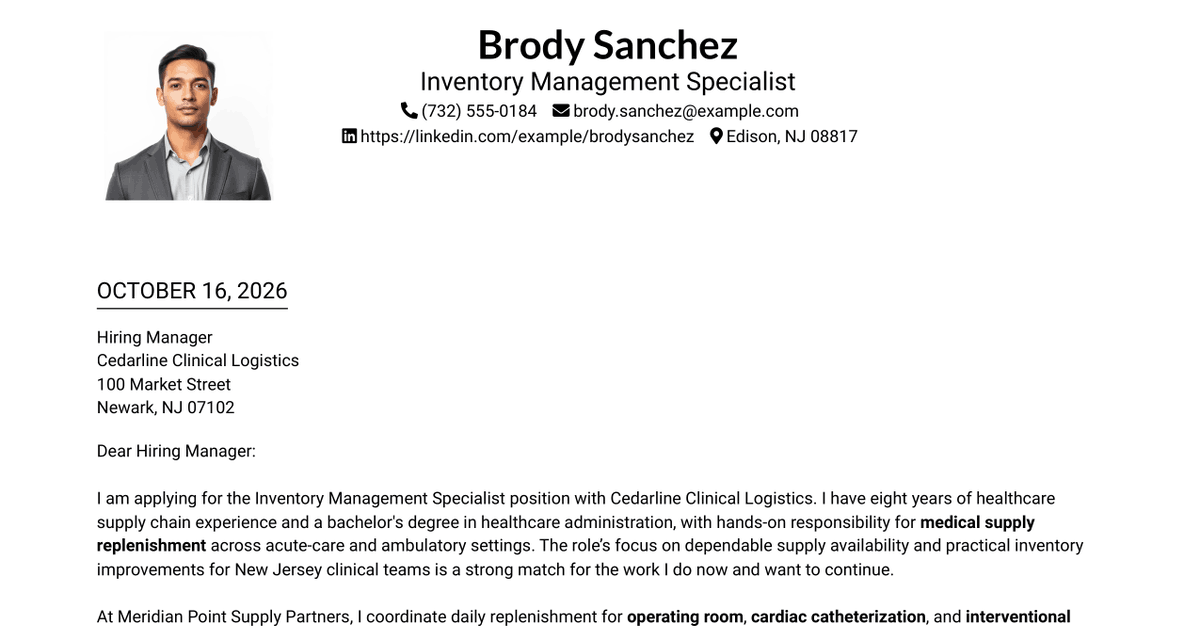 7 Inventory Management Specialist - Healthcare Supply Chain Cover Letter Templates with Example