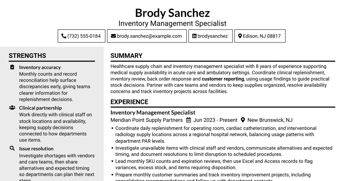 7 Inventory Management Specialist - Healthcare Supply Chain Resume Templates with Example