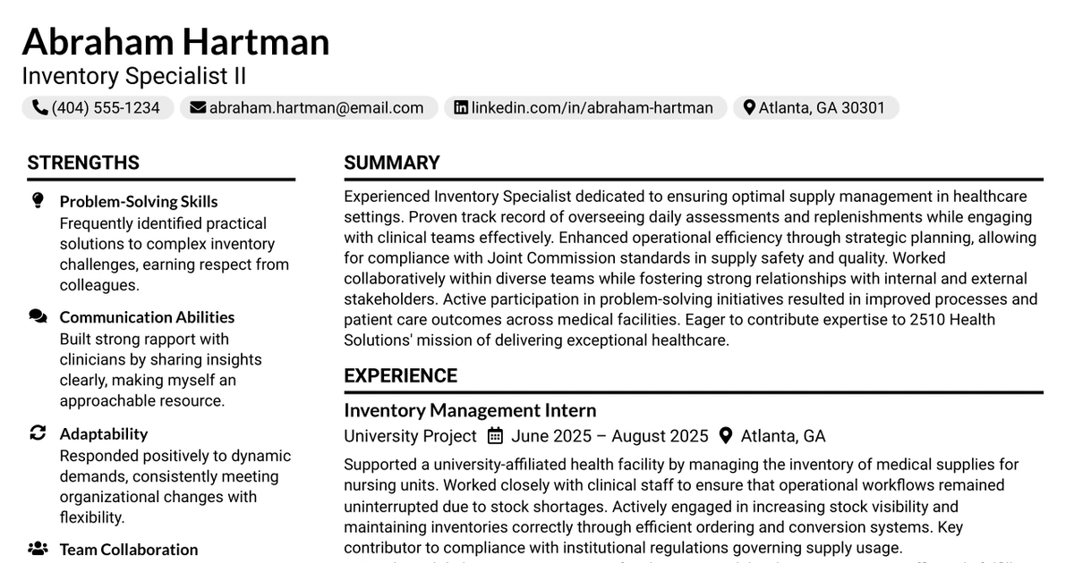 33 Inventory Specialist II Resume Templates with Example 2026 (ATS-Optimized)
