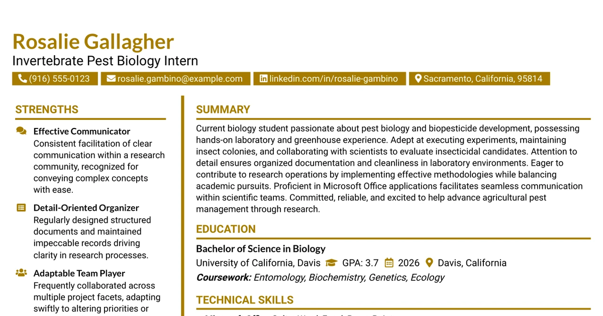 33 Invertebrate Pest Biology Intern Resume Templates with Example 2026 (ATS-Optimized)