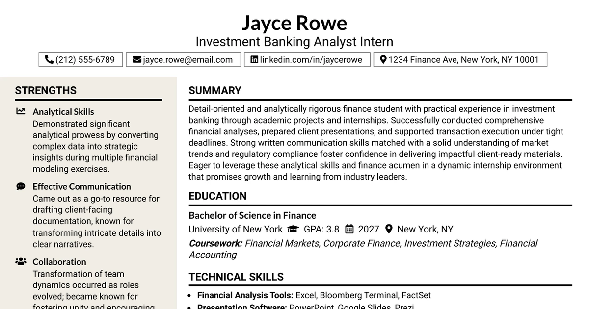 33 Investment Banking Analyst - Intern Resume Templates with Example 2026 (ATS-Optimized)