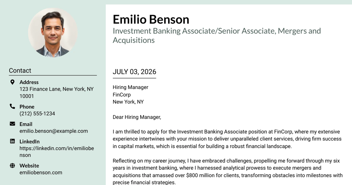 30+ Investment Banking Associate/Senior Associate, Mergers and Acquisitions Cover Letter Templates with Example 2026