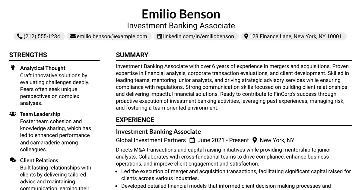 33 Investment Banking Associate/Senior Associate, Mergers and Acquisitions Resume Templates with Example 2026 (ATS-Optimized)