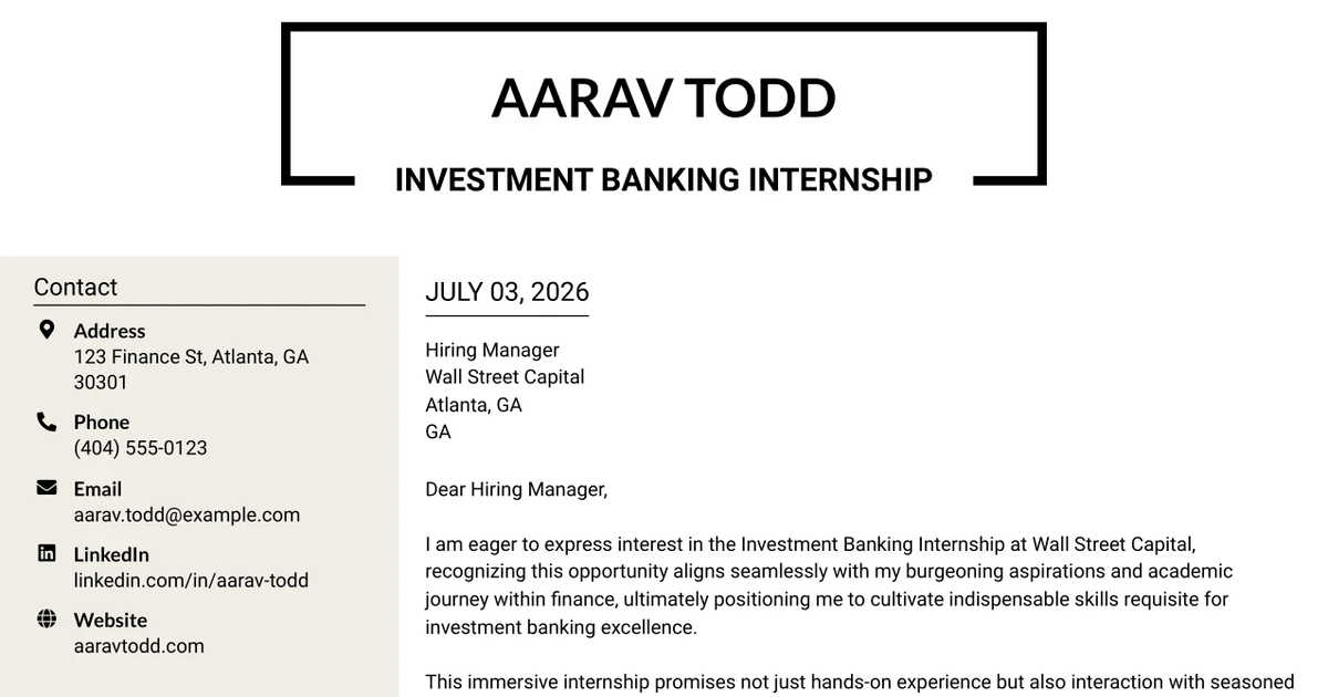 30+ Investment Banking Internship Cover Letter Templates with Example 2026