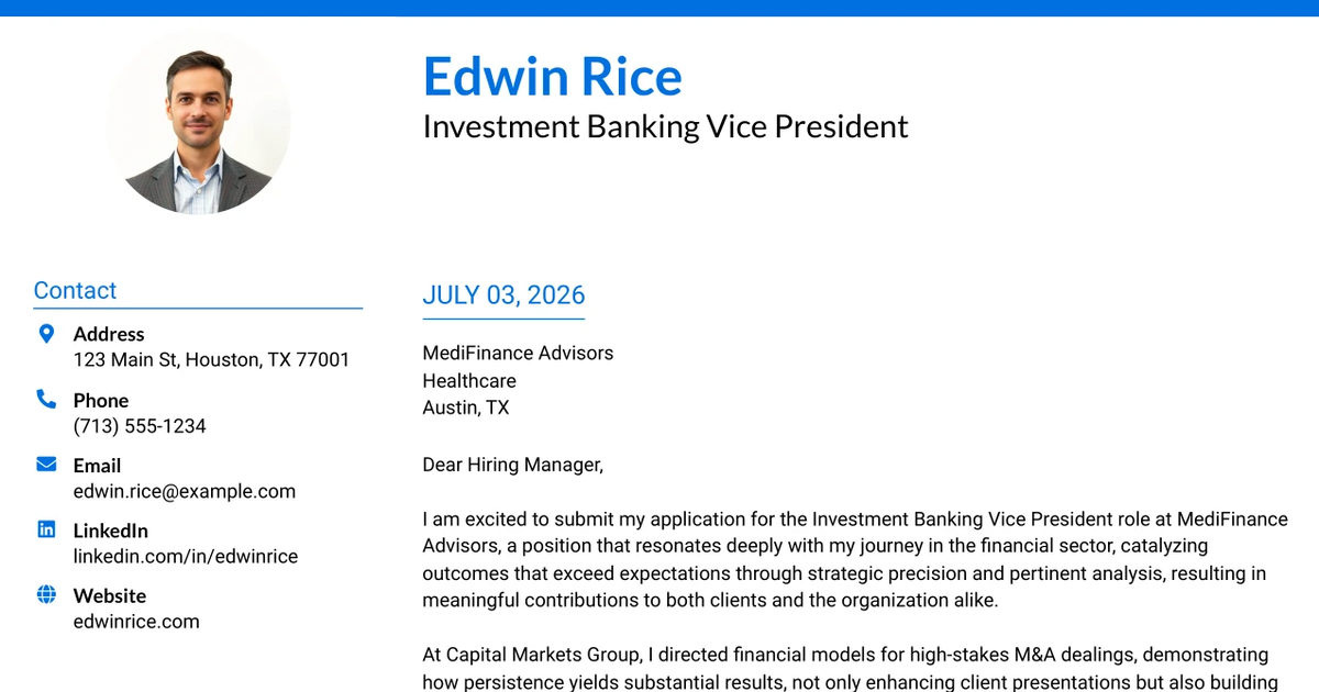 30+ Investment Banking Vice President Cover Letter Templates with Example 2026