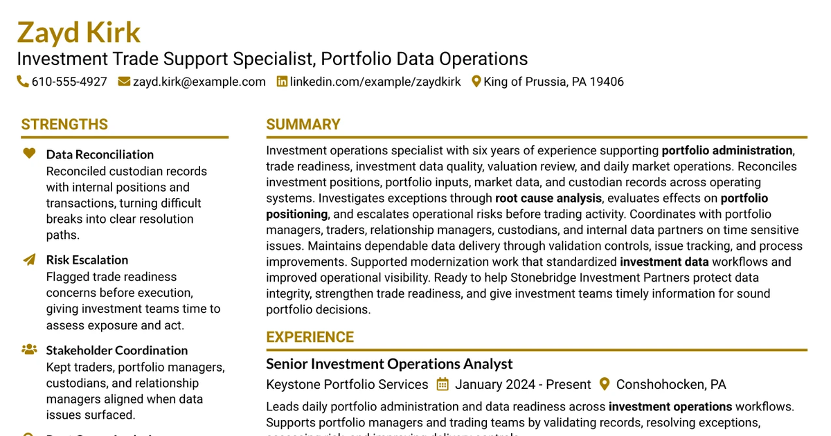 33 Investment Trade Support Specialist - Portfolio Data Operations Resume Templates with Example 2026 (ATS-Optimized)