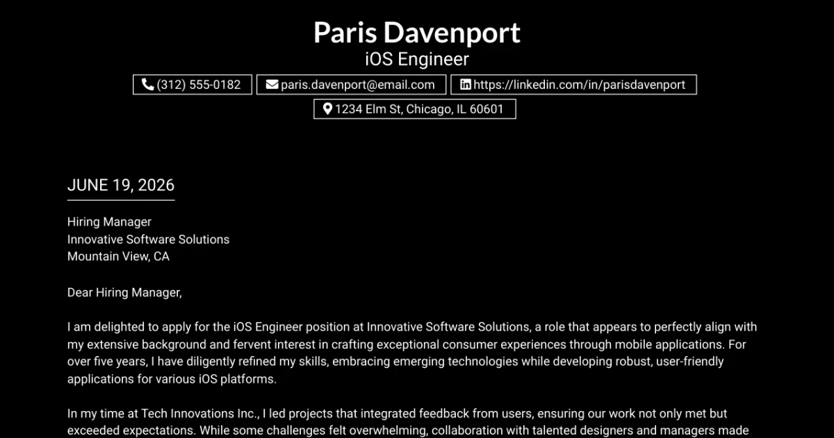 30+ iOS Engineer Cover Letter Templates with Example 2026