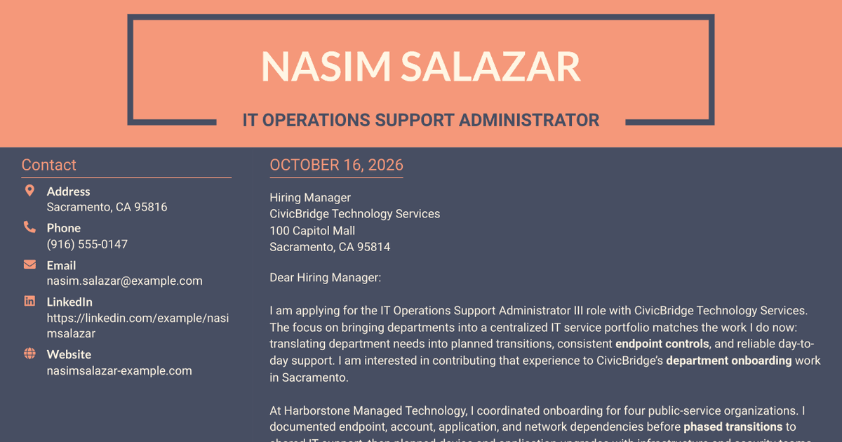 7 IT Operations Support Administrator III - Department Onboarding Cover Letter Templates with Example
