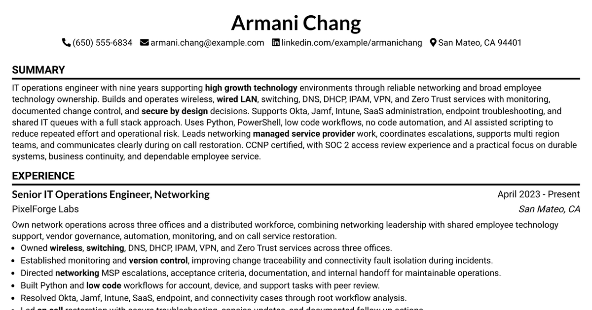 7 IT Ops Engineer, Networking Resume Templates with Example