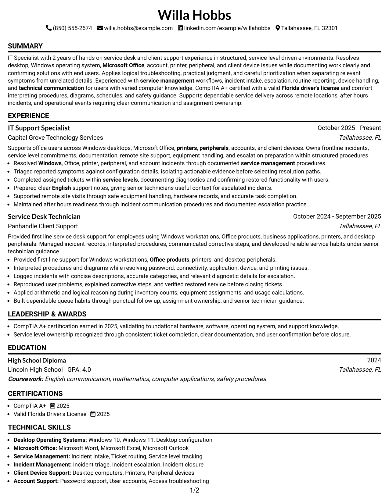 Resume Example Page 1