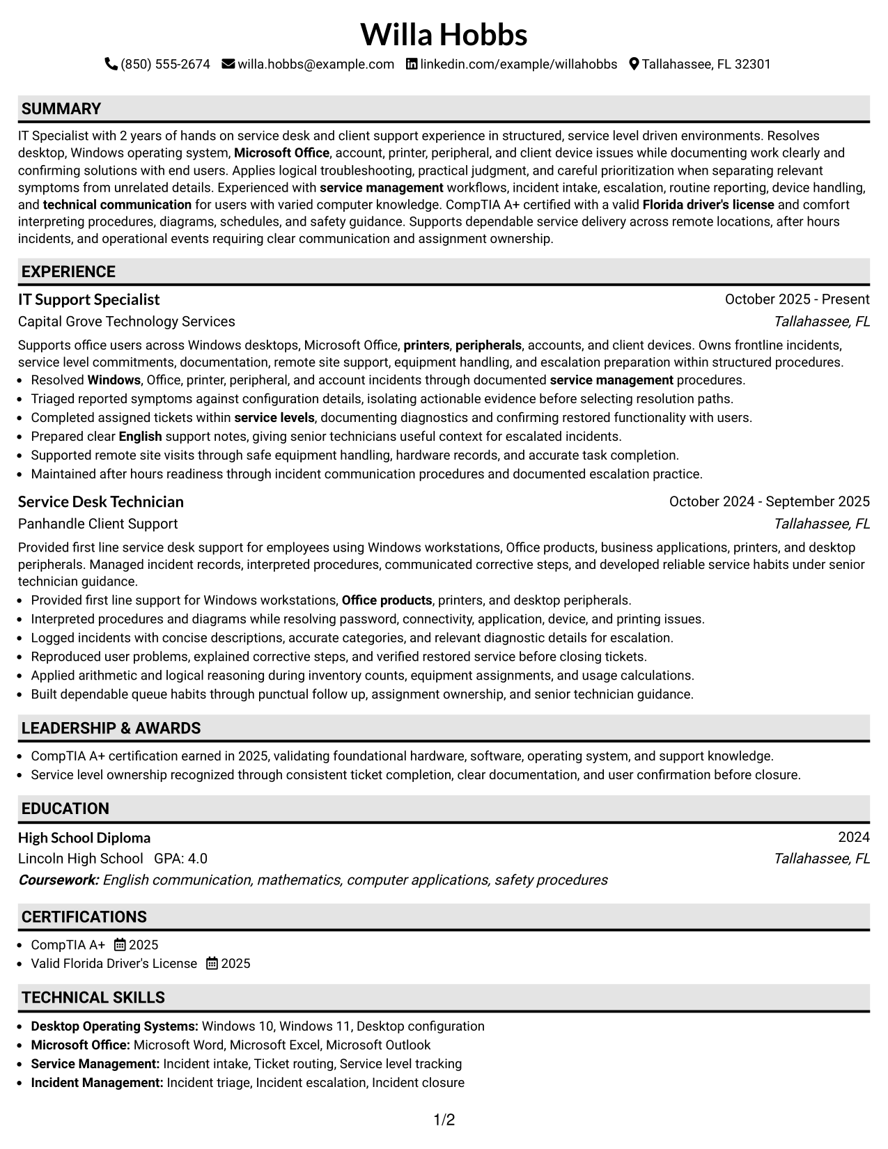 Resume Example Page 1