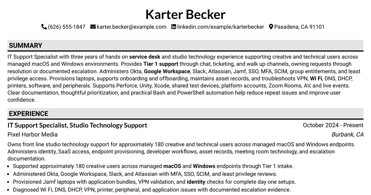 7 IT Support Specialist - Studio Technology Support Resume Templates with Example