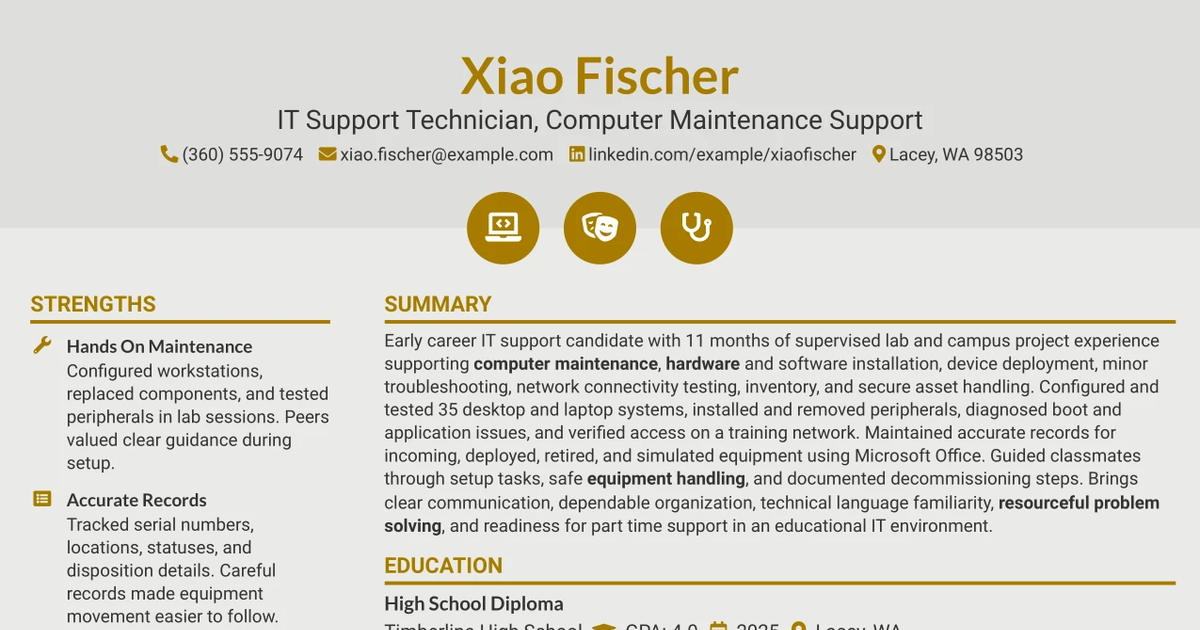 33 IT Support Technician 1 - Computer Maintenance Support Resume Templates with Example 2026 (ATS-Optimized)