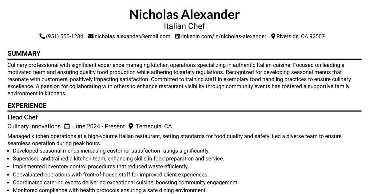 33 Italian Chef Resume Templates with Example 2026 (ATS-Optimized)