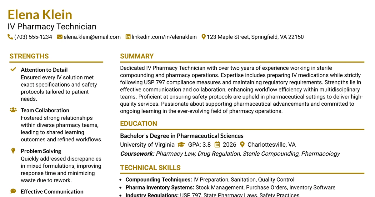 33 IV Pharmacy Technician Resume Templates with Example 2026 (ATS-Optimized)
