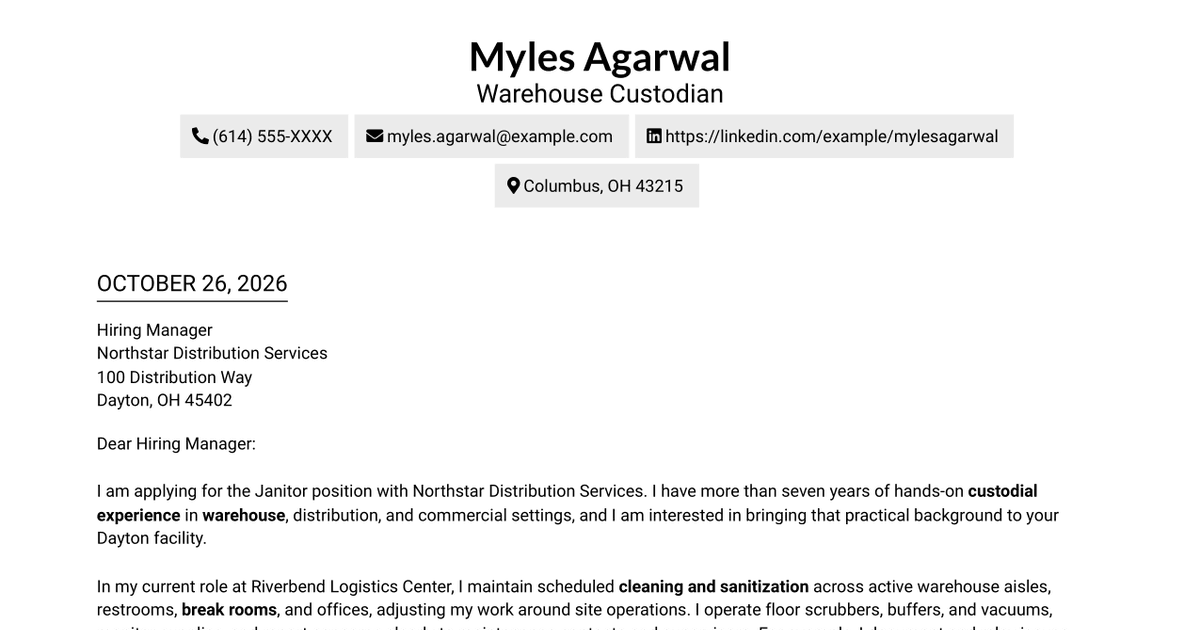 7 Janitor - Warehouse Facilities Cover Letter Templates with Example