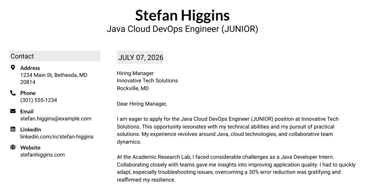 30+ Java Cloud DevOps Engineer (JUNIOR) Cover Letter Templates with Example 2026