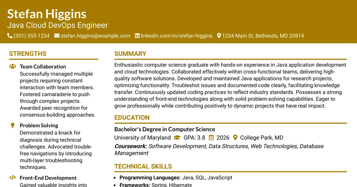 33 Java Cloud DevOps Engineer (JUNIOR) Resume Templates with Example 2026 (ATS-Optimized)