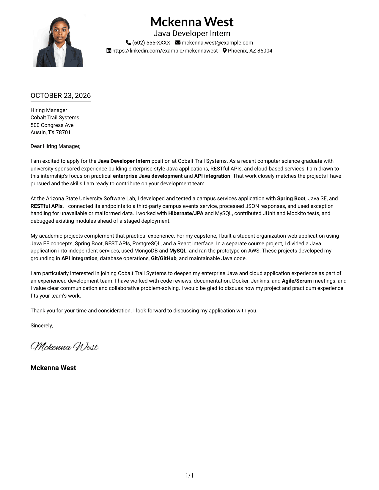 Cover letter example — page 1