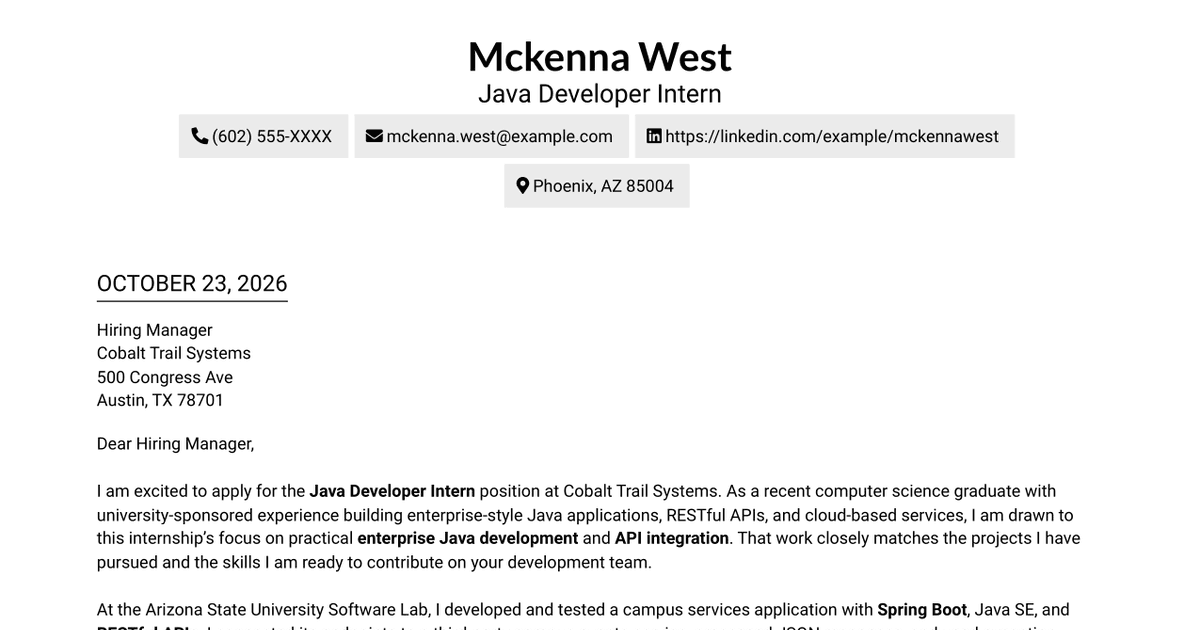 7 Java Developer Intern - API Integration Cover Letter Templates with Example