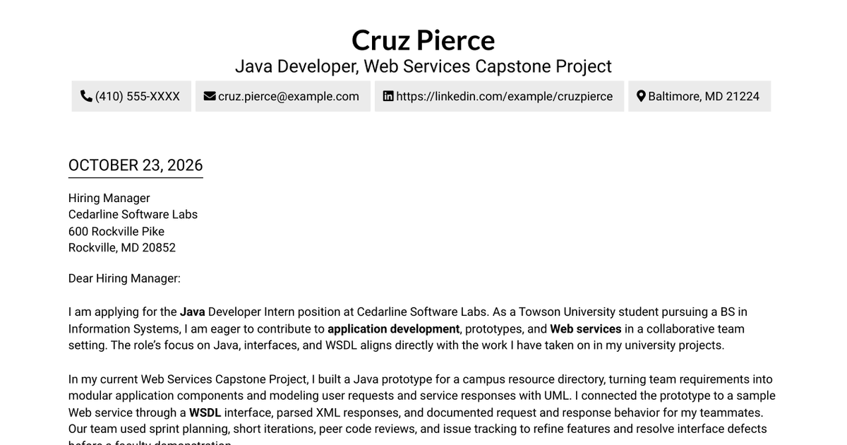 7 Java Developer Intern - Web Services Cover Letter Templates with Example