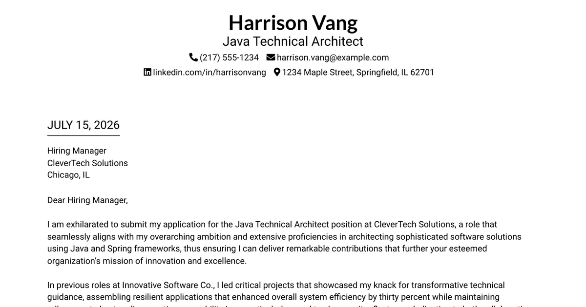 30+ Java Technical Architect Cover Letter Templates with Example 2026