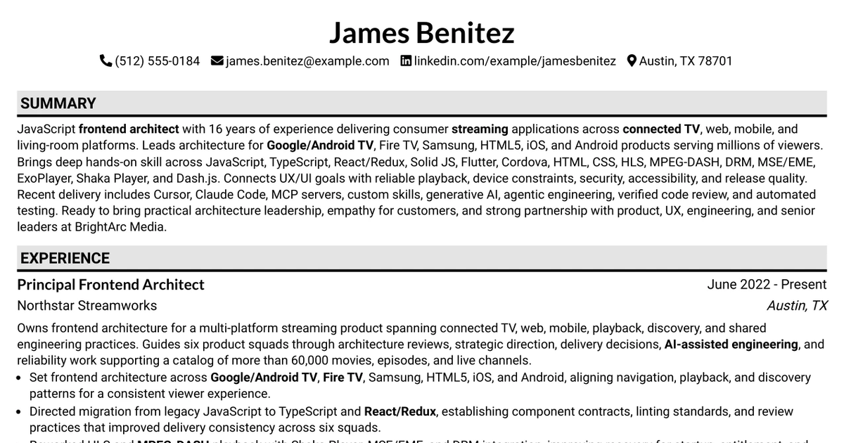 33 JavaScript Frontend Architect Resume Templates with Example 2026 (ATS-Optimized)