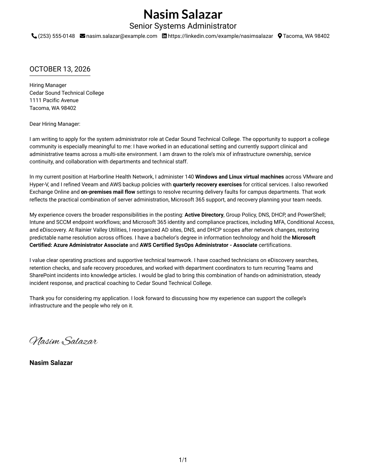 Cover Letter Example Page 1