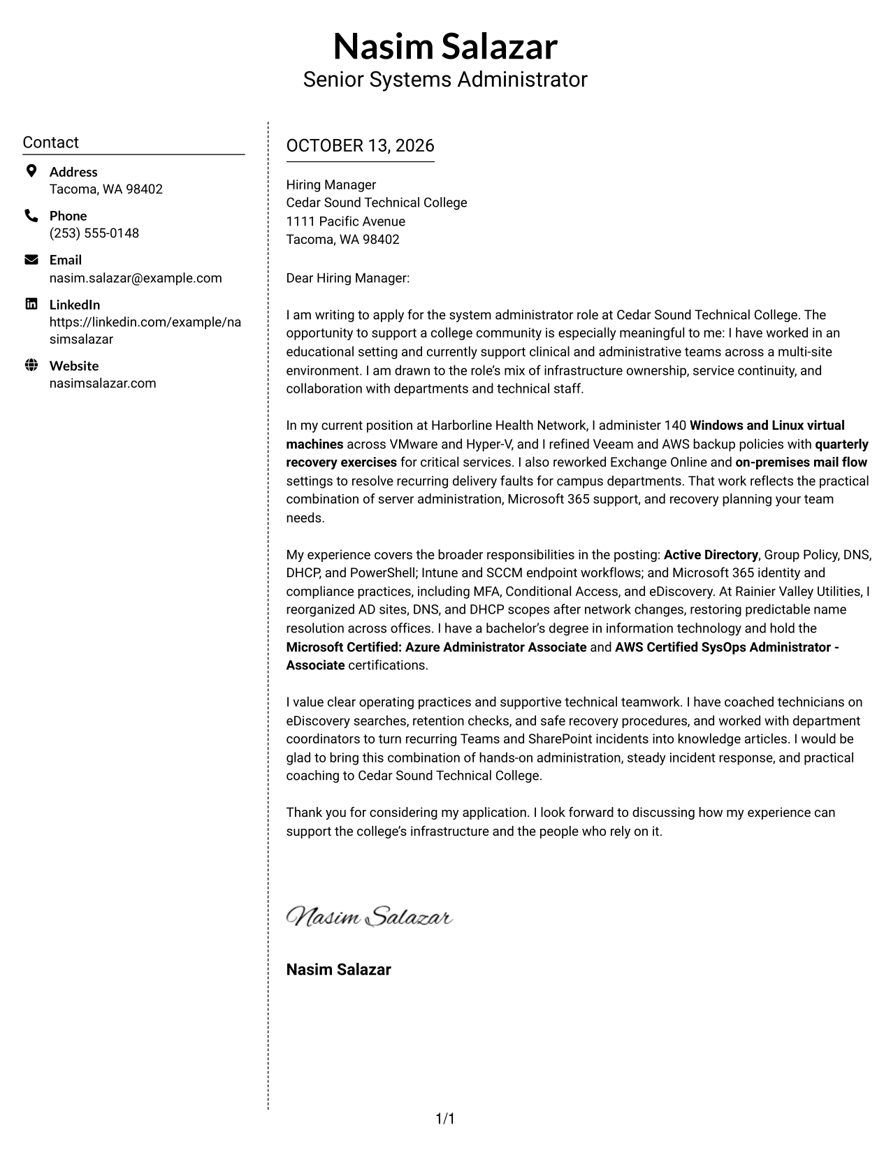Cover Letter Example Page 1
