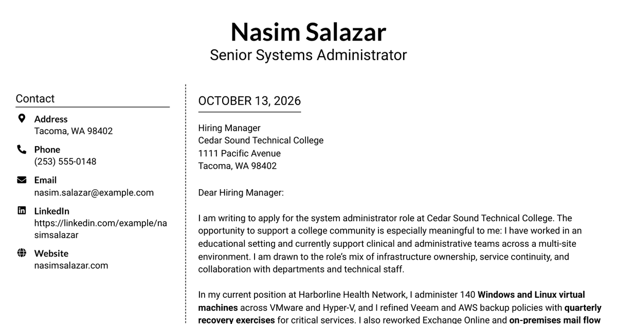 7 Journey IT System Administrator - Microsoft 365 and Server Infrastructure Cover Letter Templates with Example