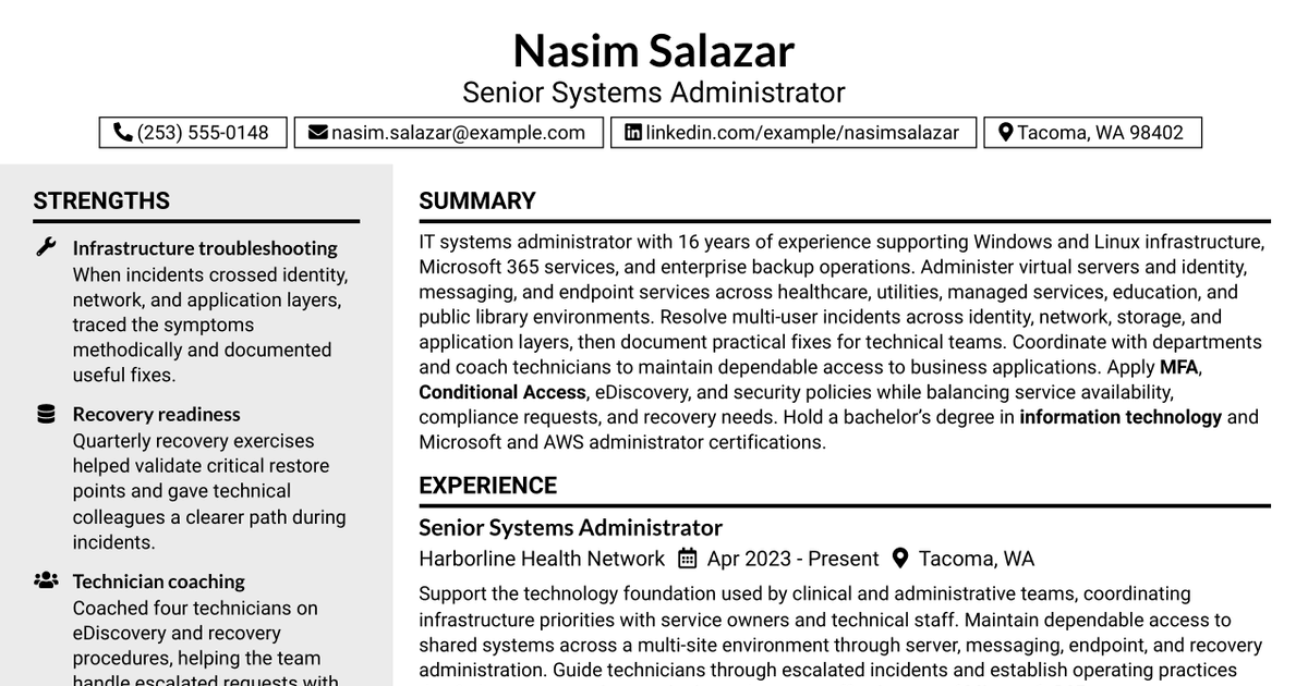 7 Journey IT System Administrator - Microsoft 365 and Server Infrastructure Resume Templates with Example