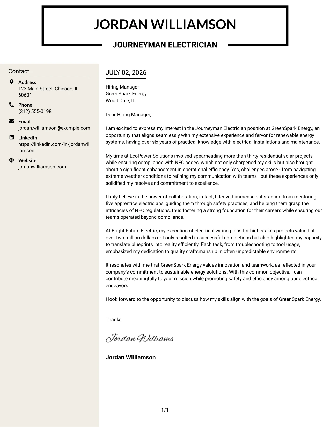 Resume Example Page 1