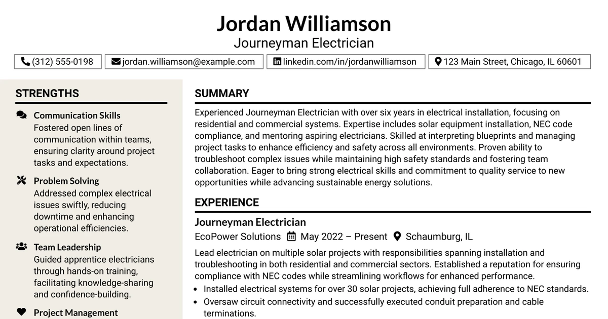 33 Journeyman Electrician Resume Templates with Example 2026 (ATS-Optimized)