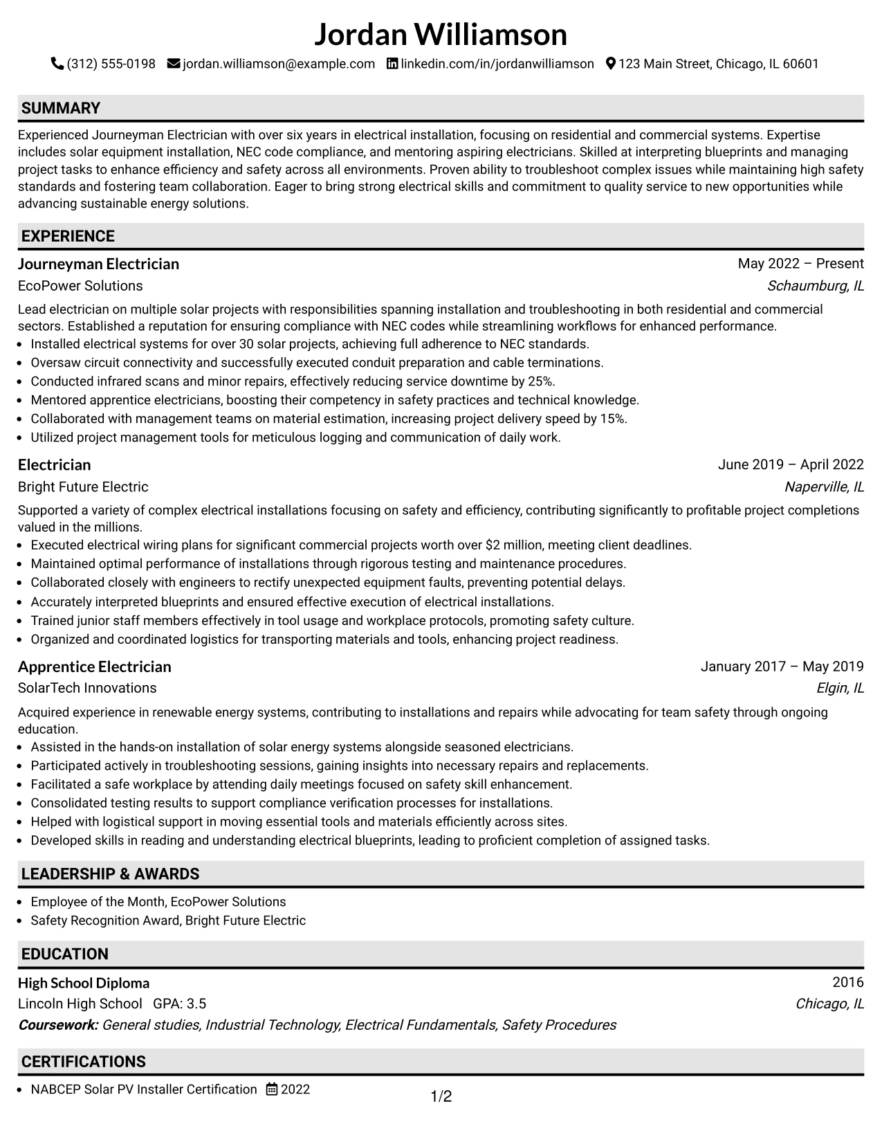 Resume Example Page 1