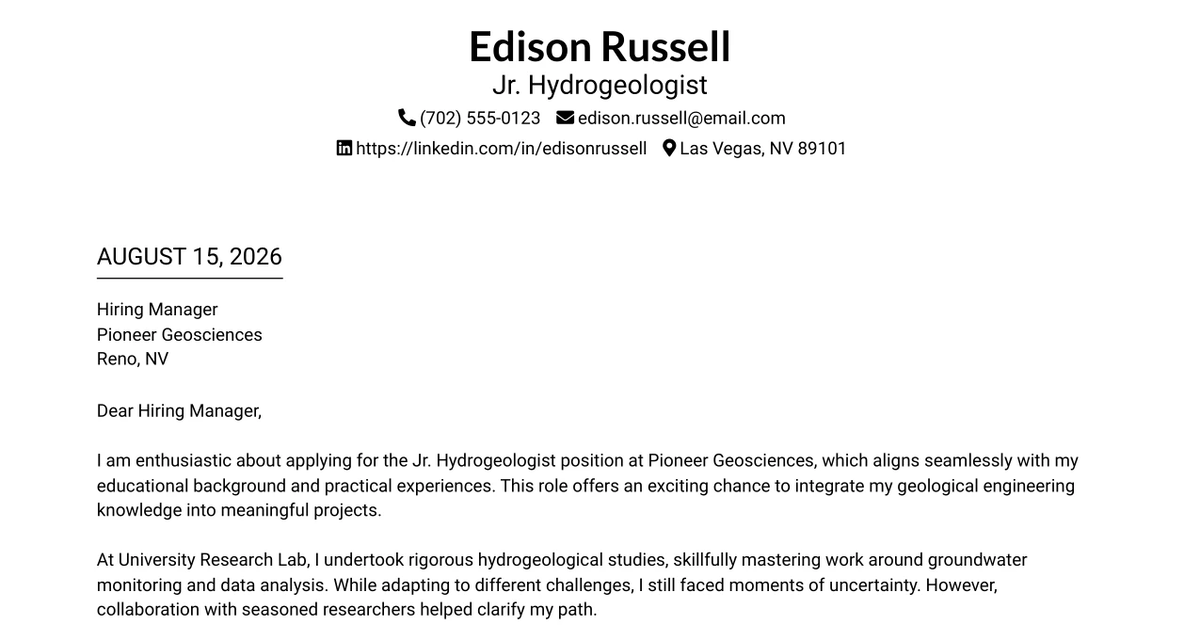 30+ Jr. Hydrogeologist Cover Letter Templates with Example 2026