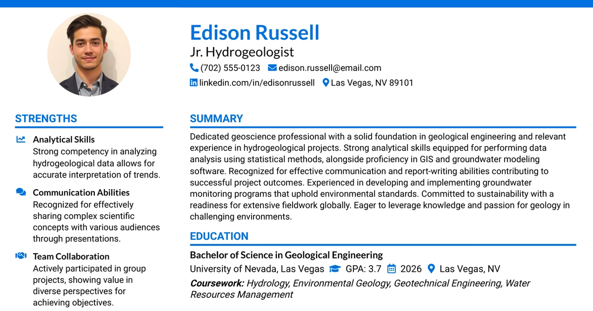 33 Jr. Hydrogeologist Resume Templates with Example 2026 (ATS-Optimized)