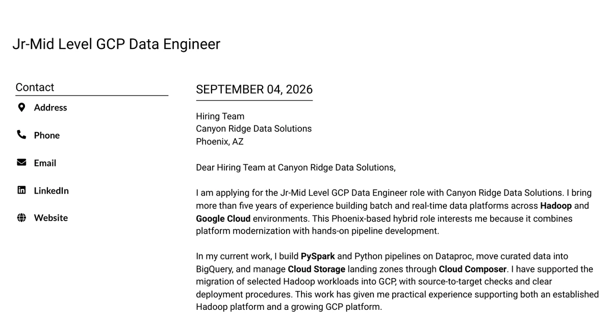 30+ Jr-Mid Level GCP Data Engineer Cover Letter Templates with Example 2026