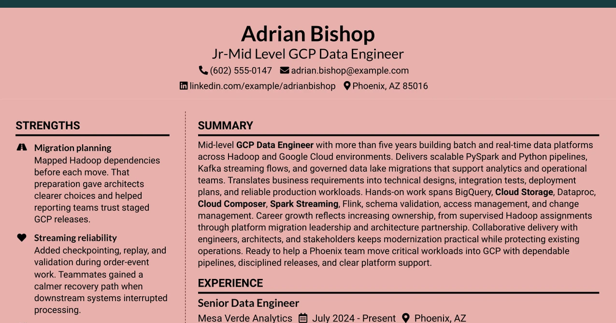 33 Jr-Mid Level GCP Data Engineer Resume Templates with Example 2026 (ATS-Optimized)