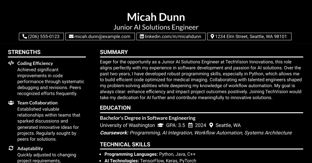 33 Junior AI Solutions Engineer: GenAI & Automation Resume Templates with Example 2026 (ATS-Optimized)