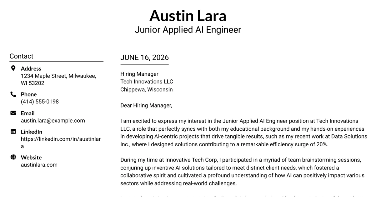 30+ Junior Applied AI Engineer Cover Letter Templates with Example 2026